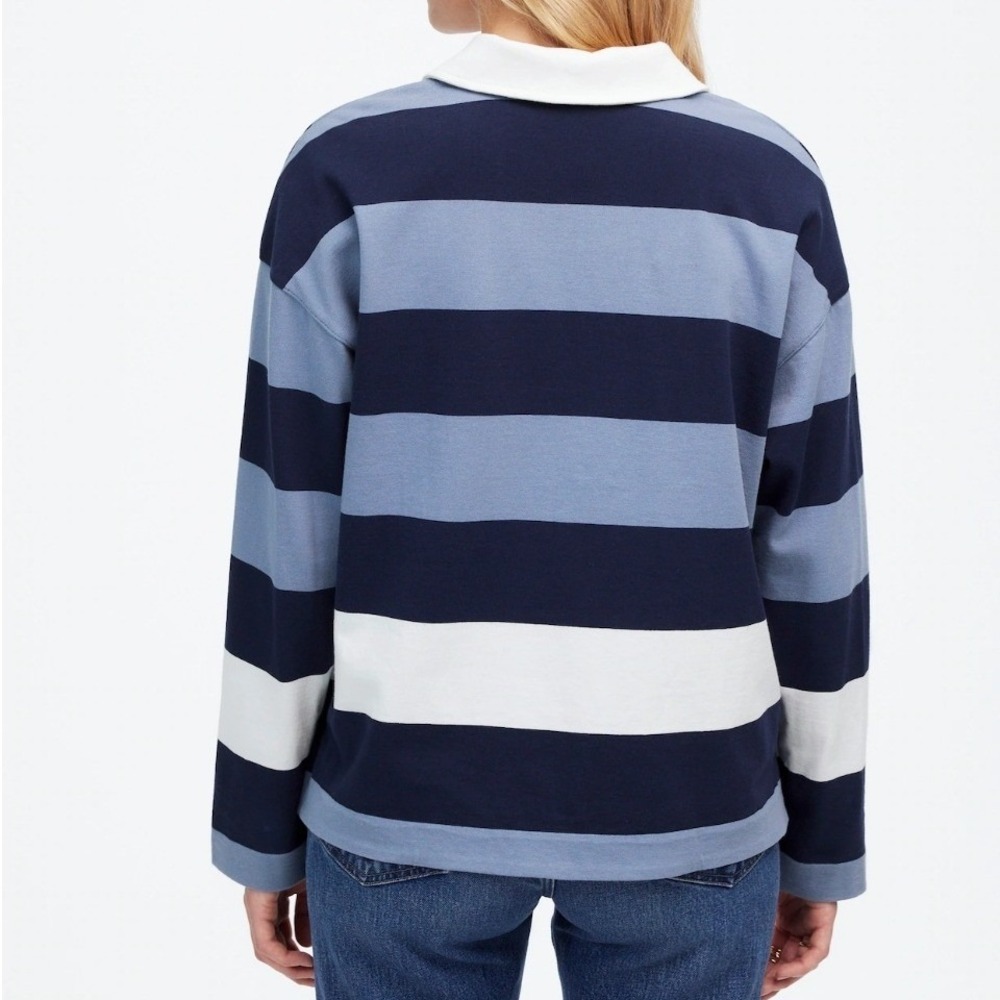 Madewell Rugby Long Sleeve Polo Shirt Blue White Stripe Cotton Baggy Small